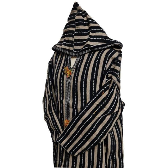 10a Moroccan Black Beige 3 Quarter Length Striped Wool Blend Hooded Thobe Djellaba (1)