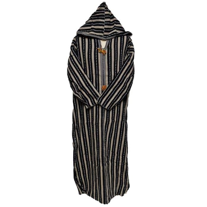 10a Moroccan Black Beige 3 Quarter Length Striped Wool Blend Hooded Thobe Djellaba (3)