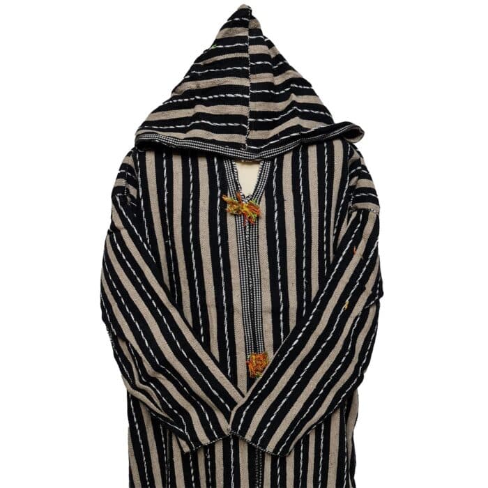 10a Moroccan Black Beige 3 Quarter Length Striped Wool Blend Hooded Thobe Djellaba (4)