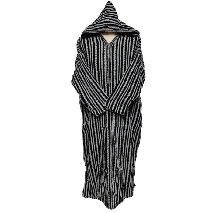 12a Moroccan Grey Black 3 Quarter Length Striped Wool Blend Hooded Thobe Djellaba (3)