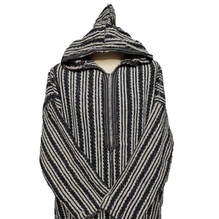 13a Moroccan Grey Cream 3 Quarter Length Striped Wool Blend Hooded Thobe Djellaba (4)