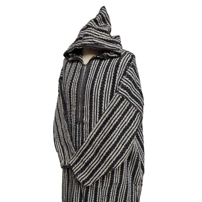13a Moroccan Grey Cream 3 Quarter Length Striped Wool Blend Hooded Thobe Djellaba (5)