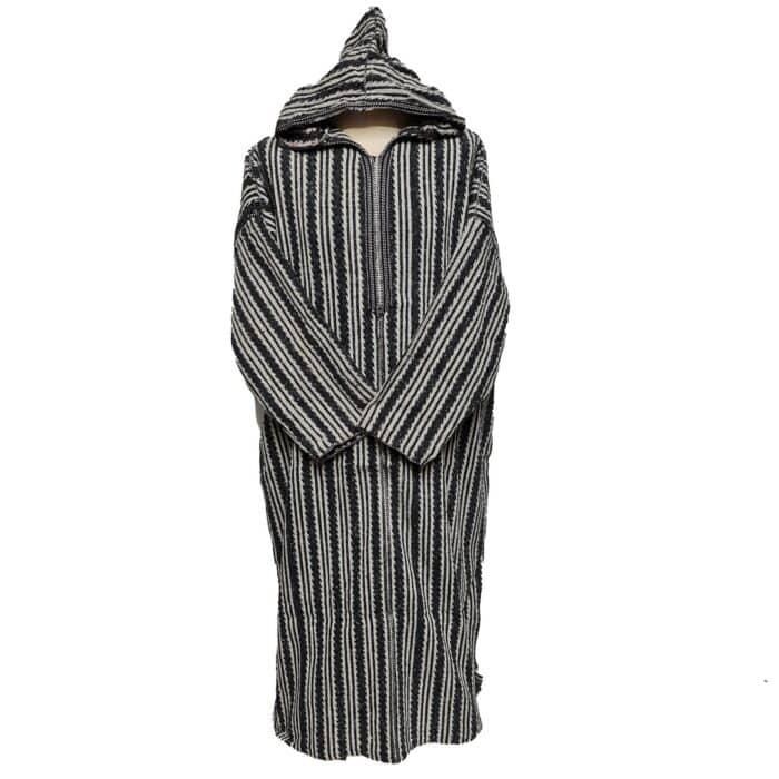 13a Moroccan Grey Cream 3 Quarter Length Striped Wool Blend Hooded Thobe Djellaba (7)