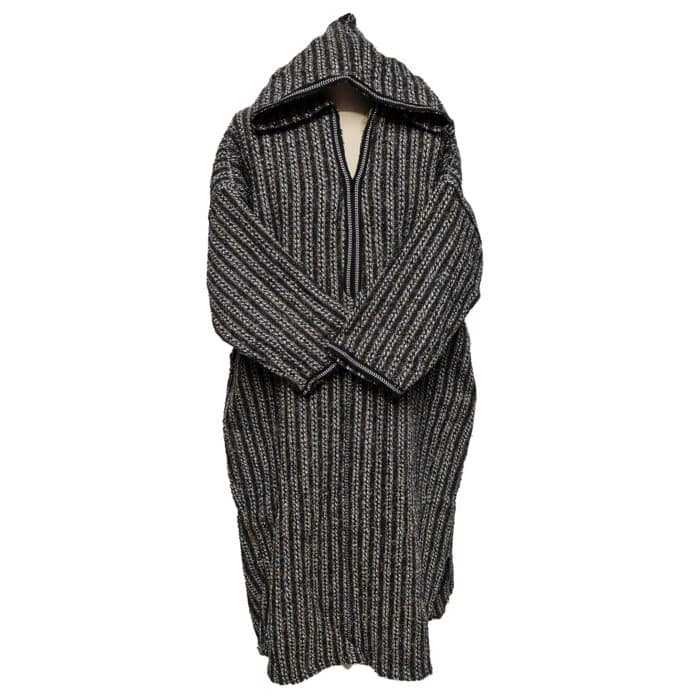 17a Moroccan Grey Beige 3 Quarter Length Striped Wool Blend Hooded Thobe Djellaba (2)