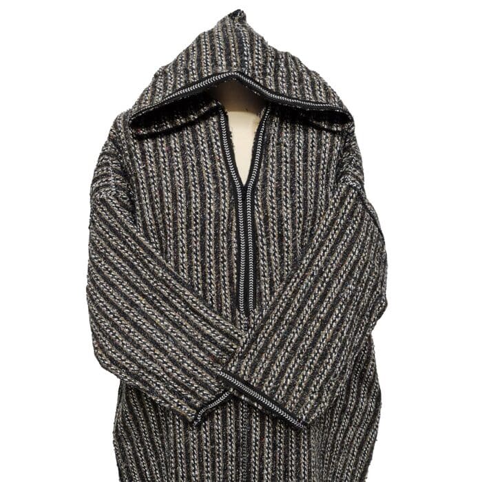 17a Moroccan Grey Beige 3 Quarter Length Striped Wool Blend Hooded Thobe Djellaba (3)