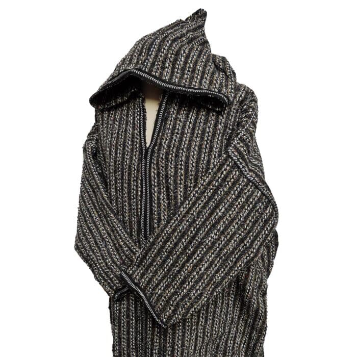 17a Moroccan Grey Beige 3 Quarter Length Striped Wool Blend Hooded Thobe Djellaba (4)