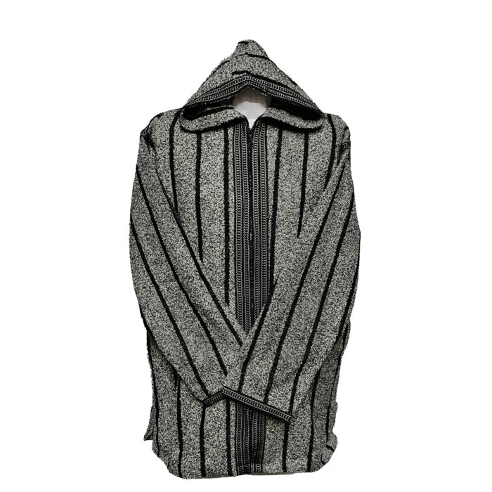 Men's Moroccan Hooded Wool Winter Baja Jerga Jacket Grey/Black Striped