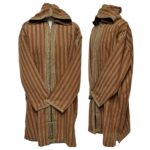 Men's Moroccan Hooded Wool Winter Baja Jerga Jacket Striped Brown