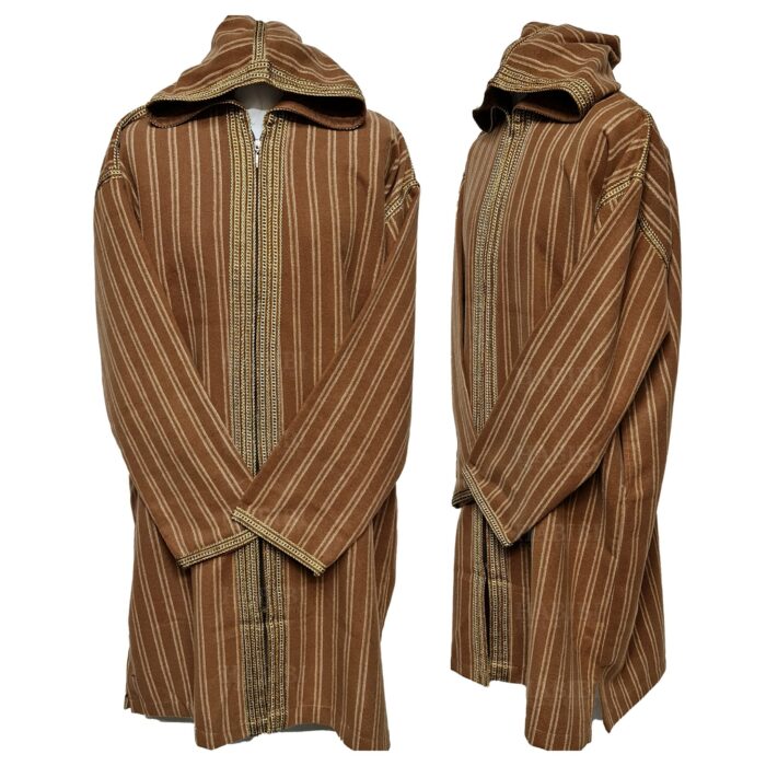 Men's Moroccan Hooded Wool Winter Baja Jerga Jacket Striped Brown