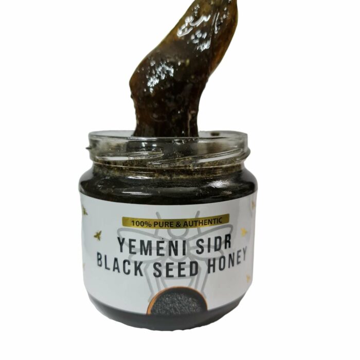 Yemeni Sidr Black Seed Honey Pure & Authentic. A gift of Black Seed Honey for health and well being. This is power booster, excellent honey combined with black seed and ginger. This is more like a paste, thick & slightly runny. Black cumin contains 100 healing components which work together in a synergetic effect. That means they all complement each other in the process of aiding our body. 100% Pure and Raw Suitable for Vegetarians Packed with antioxidants and antibacterial compounds Organic (No chemicals or Preservatives used) Known to prevent over 20 known illnesses including cancer and infections Ingredients: Pure Yemeni Sidr Honey from Wadi Doani, Black Seed Grain (Nigella), Ginger Bee Pollen Seed.