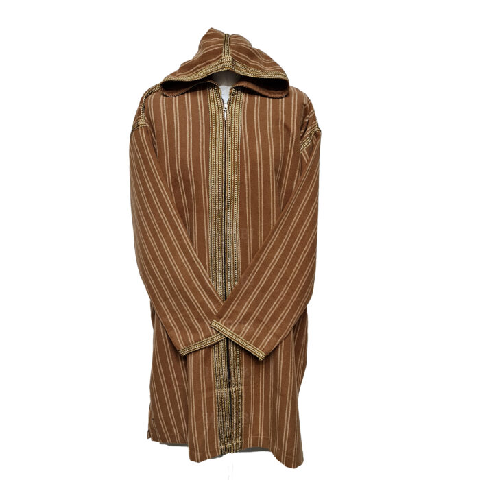 Men's Moroccan Hooded Wool Winter Baja Jerga Jacket Striped Brown