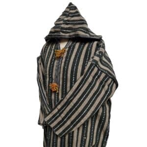 20a Moroccan Black Beige 3 Quarter Length Striped Wool Blend Hooded Thobe Djellaba (1)