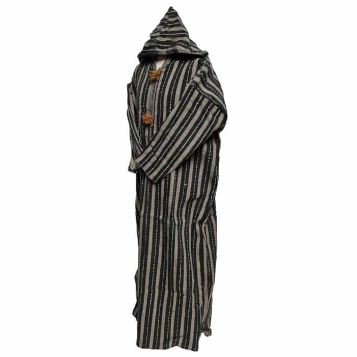 20a Moroccan Black Beige 3 Quarter Length Striped Wool Blend Hooded Thobe Djellaba (2)