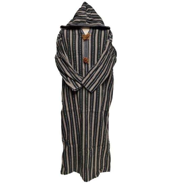 20a Moroccan Black Beige 3 Quarter Length Striped Wool Blend Hooded Thobe Djellaba (3)