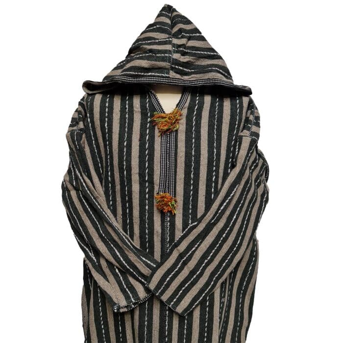 20a Moroccan Black Beige 3 Quarter Length Striped Wool Blend Hooded Thobe Djellaba (4)