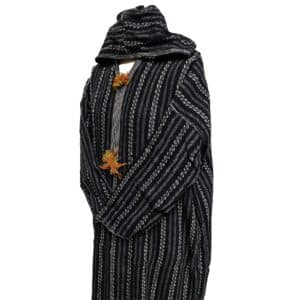 21a Moroccan Grey Black 3 Quarter Length Striped Wool Blend Hooded Thobe Djellaba (1)