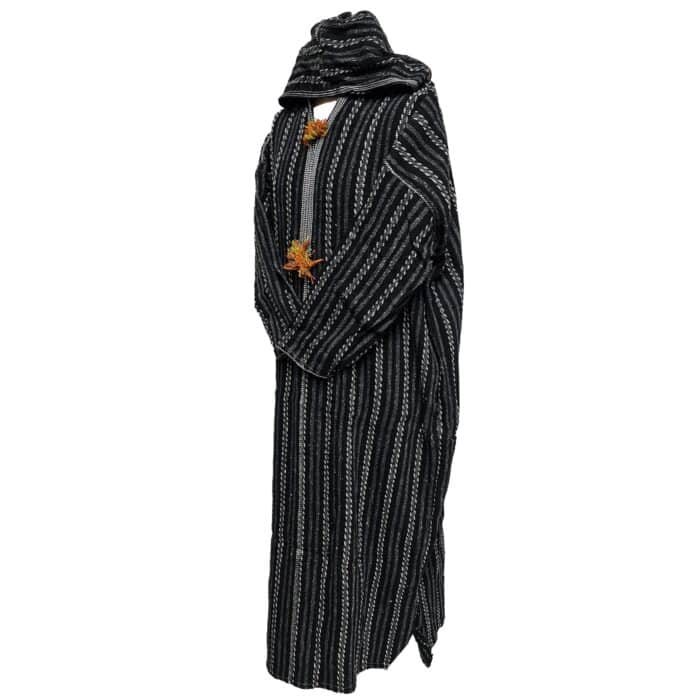 21a Moroccan Grey Black 3 Quarter Length Striped Wool Blend Hooded Thobe Djellaba (2)