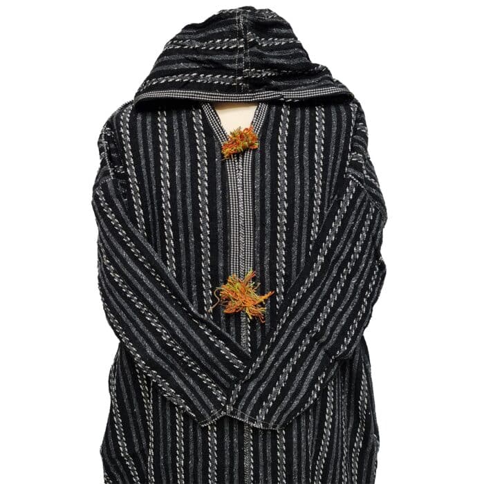 21a Moroccan Grey Black 3 Quarter Length Striped Wool Blend Hooded Thobe Djellaba (4)