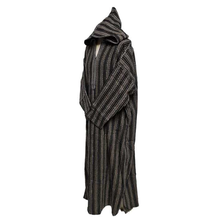 2a Moroccan Black Brown 3 Quarter Length Striped Wool Blend Hooded Thobe Djellaba (1)