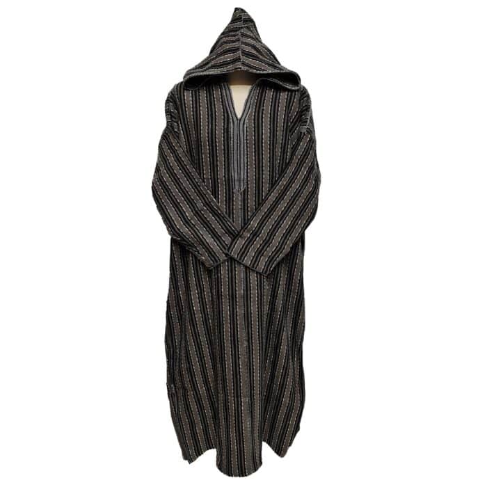 2a Moroccan Black Brown 3 Quarter Length Striped Wool Blend Hooded Thobe Djellaba (2)