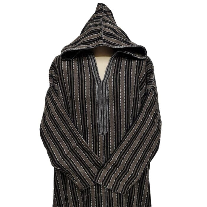 2a Moroccan Black Brown 3 Quarter Length Striped Wool Blend Hooded Thobe Djellaba (3)