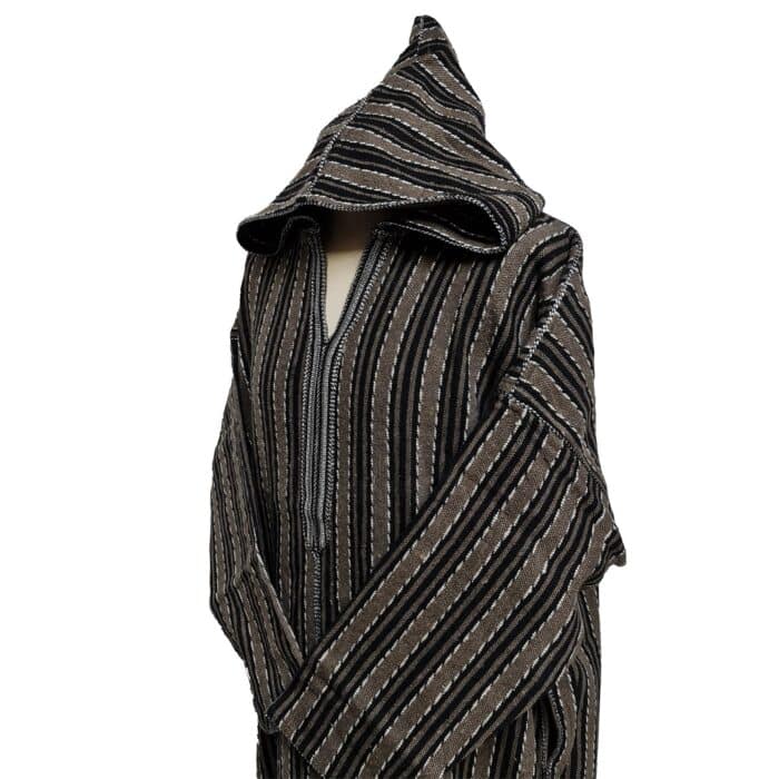 2a Moroccan Black Brown 3 Quarter Length Striped Wool Blend Hooded Thobe Djellaba (4)