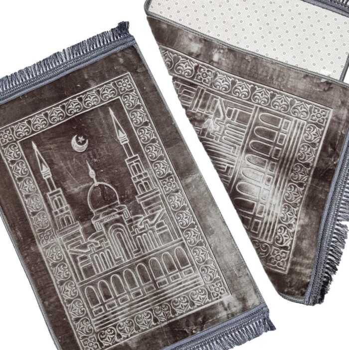 Islamic Sponge Padded Masjid Moon & Star Grey/Silver Non-Slip Prayer Mat