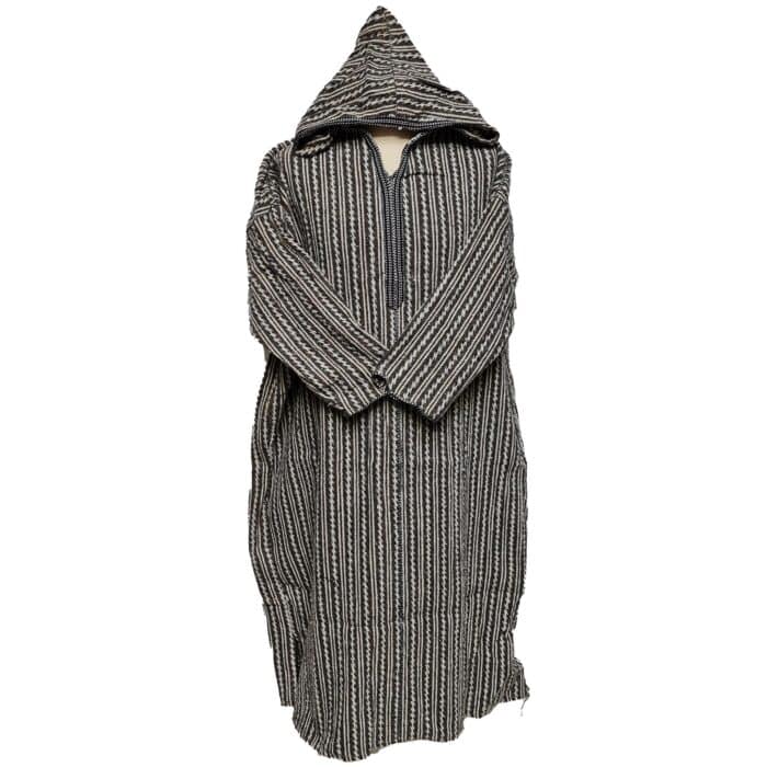 4b Moroccan Brown Beige 3 Quarter Length Striped Wool Blend Hooded Thobe Djellaba (2)