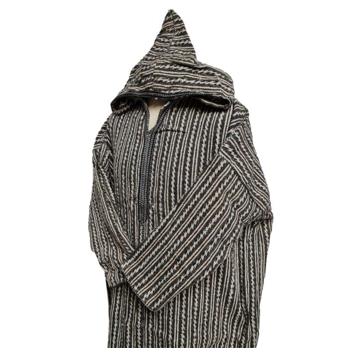 4b Moroccan Brown Beige 3 Quarter Length Striped Wool Blend Hooded Thobe Djellaba (4)