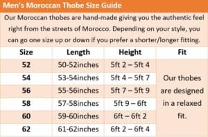 Men's Moroccan Thobe Size Guide