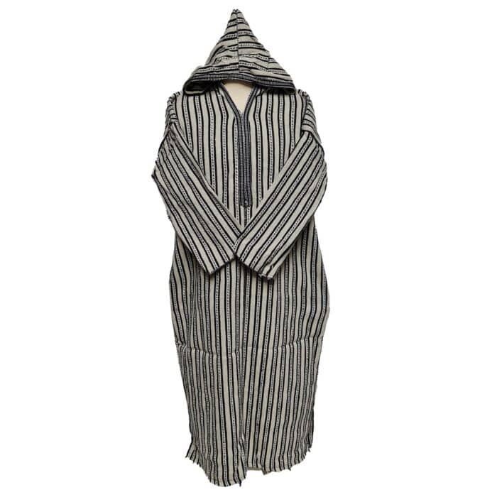 6b Moroccan Black Beige 3 Quarter Length Striped Wool Blend Hooded Thobe Djellaba (2)