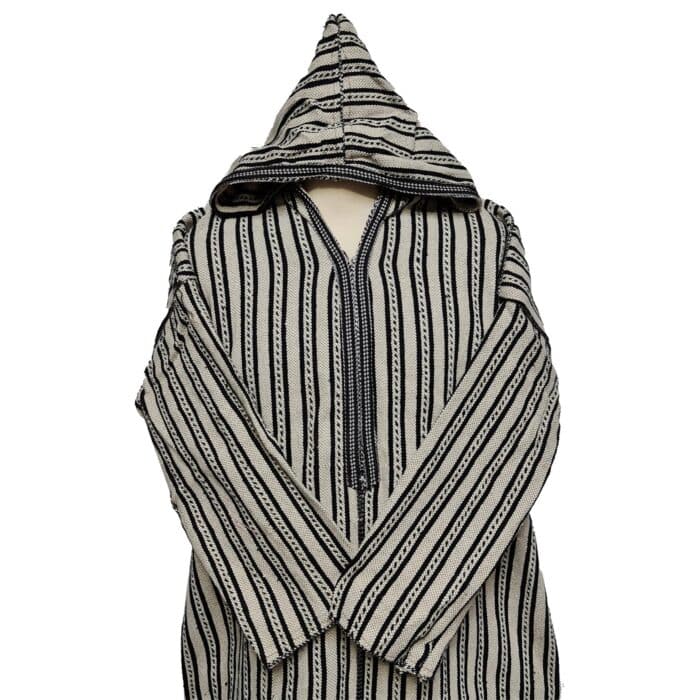 6b Moroccan Black Beige 3 Quarter Length Striped Wool Blend Hooded Thobe Djellaba (3)