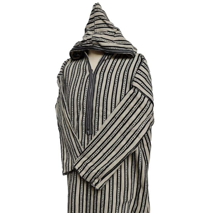 6b Moroccan Black Beige 3 Quarter Length Striped Wool Blend Hooded Thobe Djellaba (4)