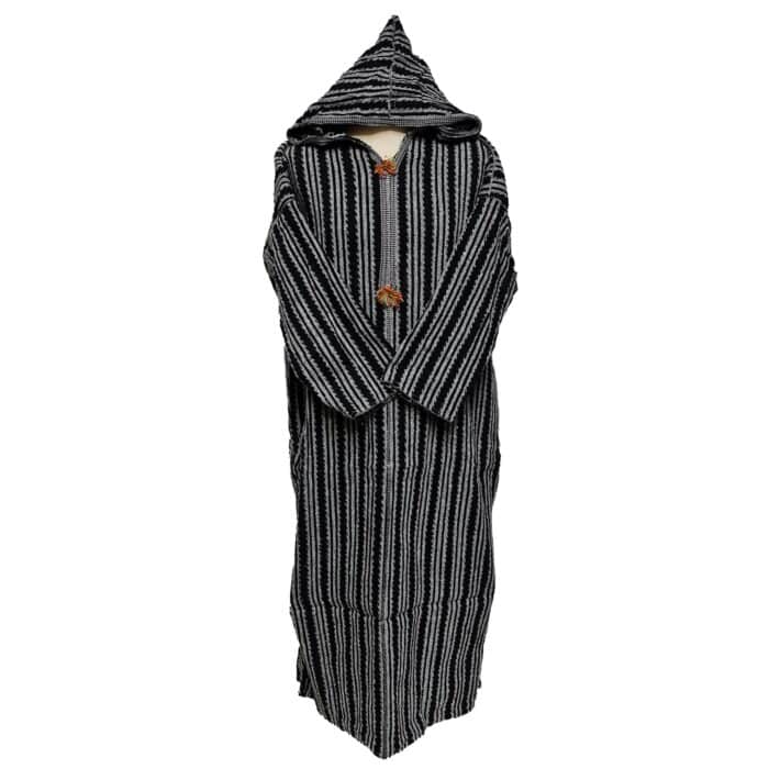 8a Moroccan Black Grey 3 Quarter Length Striped Wool Blend Hooded Thobe Djellaba (3)