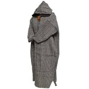 9a Moroccan Grey Beige 3 Quarter Length Striped Wool Blend Hooded Thobe Djellaba (1)