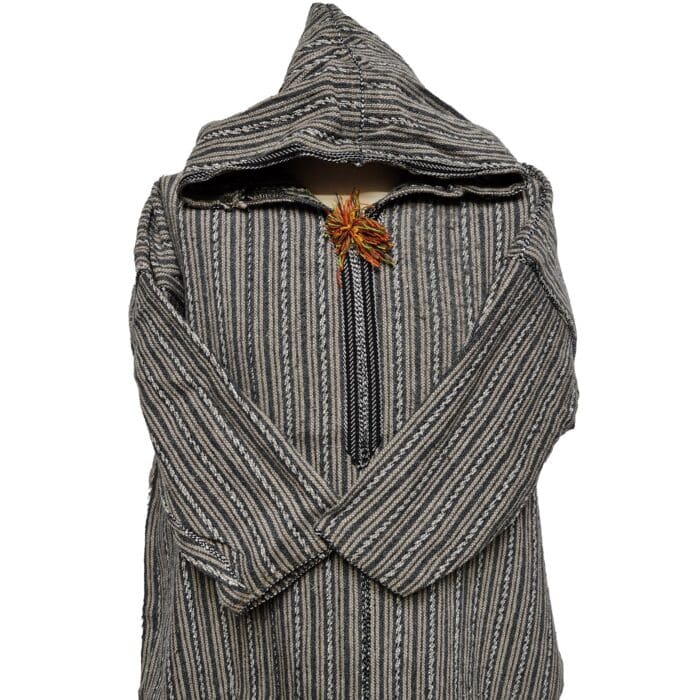 9a Moroccan Grey Beige 3 Quarter Length Striped Wool Blend Hooded Thobe Djellaba (3)