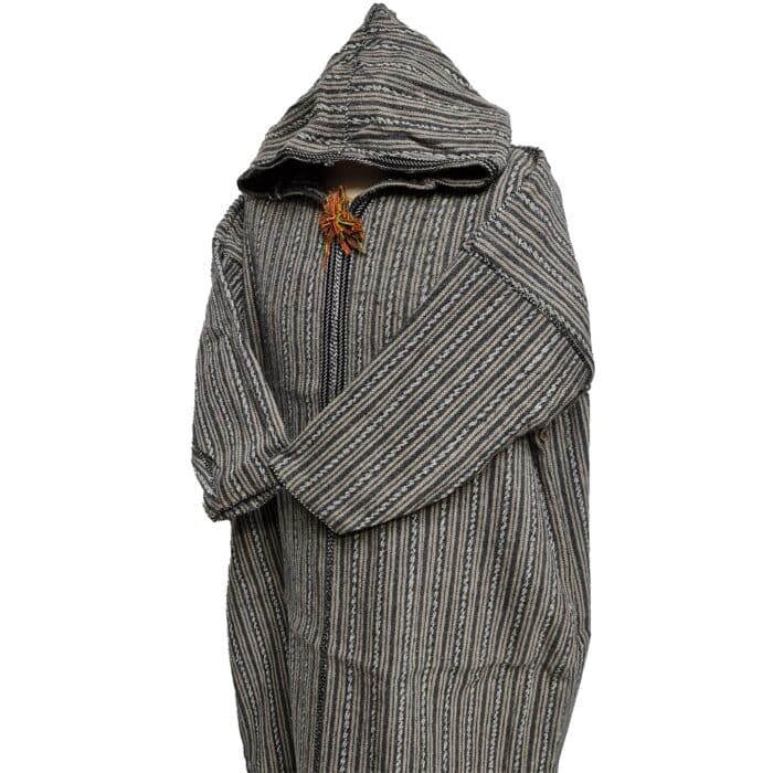 9a Moroccan Grey Beige 3 Quarter Length Striped Wool Blend Hooded Thobe Djellaba (4)