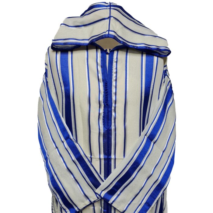 Azdnewctnhd 007 Men’s Blue Cream Striped Moroccan Long Sleeve Hooded Cotton Thobe Jubba Djellaba (4)