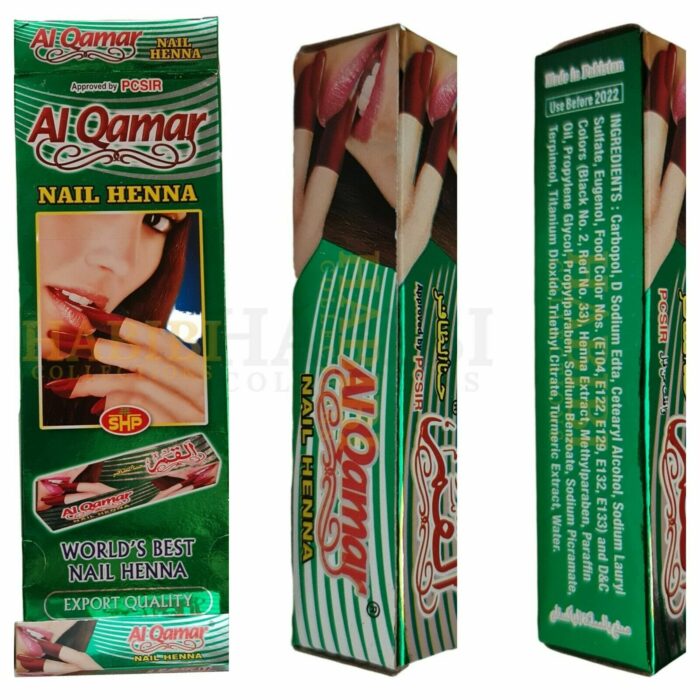 Al Qamar is an Instant Henna tattoo paste - can be used on Nails and Hands - it will take half an hour to dry and wash it off with water to get a dark burgandy colour design. The larger henna Tube is made to be used on hands The small henna tube is made to be used on Nails The henna tattoo will last for 4 to 10 days depending on the water usage Please note this item is not to be used on face or any sensitive area A PATCH TEST IS STRICTLY RECOMMENDED FOR ALL USERS, AS THIS BRAND CONTAINS A STRONG HINT OF CLOVE OIL. IF SKIN REACTION OCCURS, IMMEDIATELY WASH WITH WATER & STOP USING