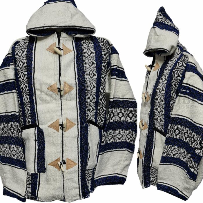 Bajamult 027 Moroccan Cashmere Wool Blend Blue Off White Hooded Baja Jacket 220648