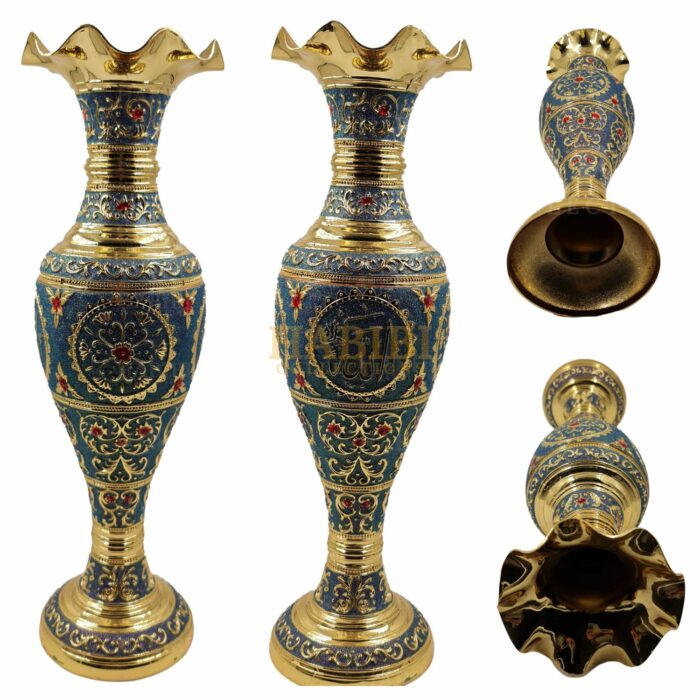 Large Islamic Floral Metal Flower Vase with Allah Gold/Blue