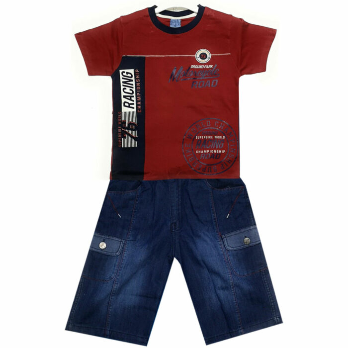 Boys Red Cotton Shirt Tops + Jeans Shorts Blue HabibiCollections