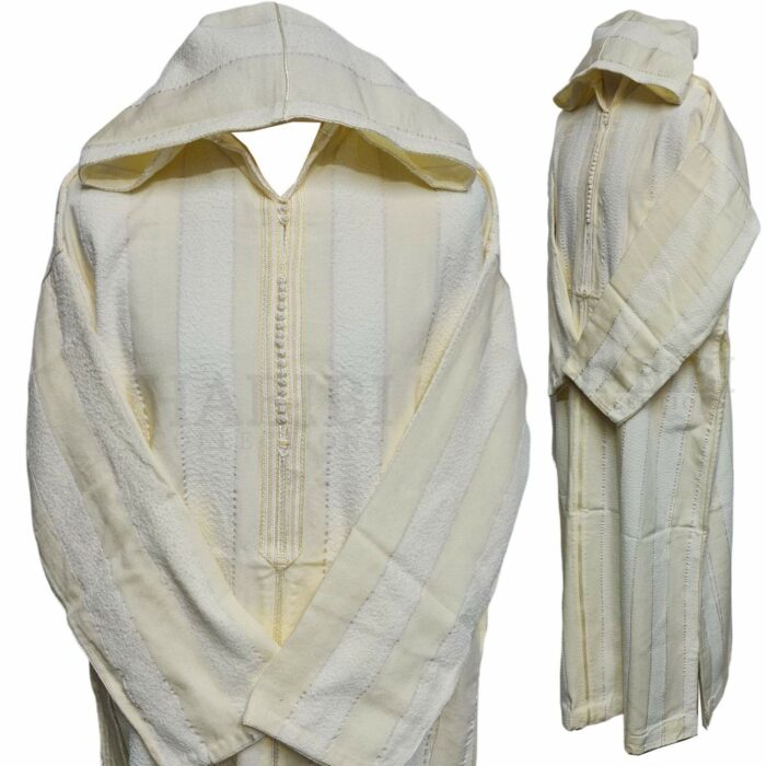 Cmwcrm 001 Cream Striped Moroccan Cashmere Wool Blend Hooded Thobe Habibi Collections 141947