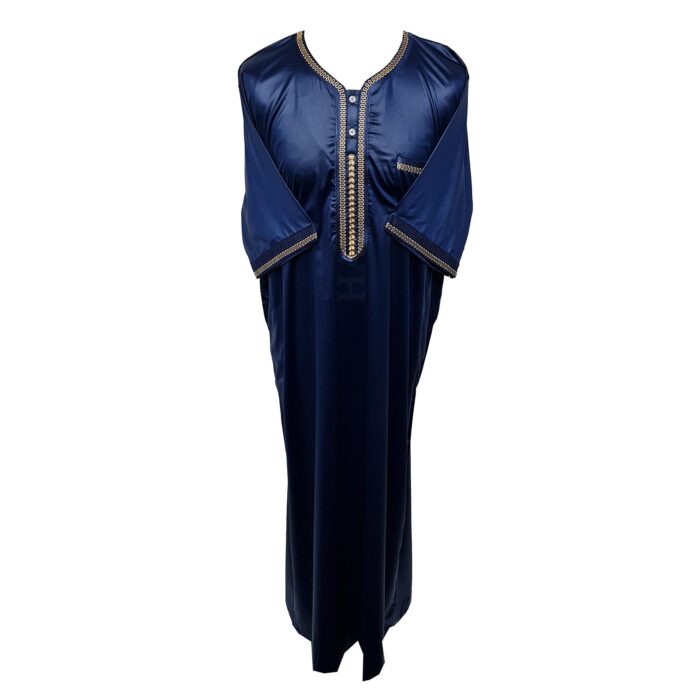 Cstmmdeshlv 002 Men Moroccan Shiny Polyester Blend Navy Blue Short Sleeves Thobe Jubba Kandora (1)