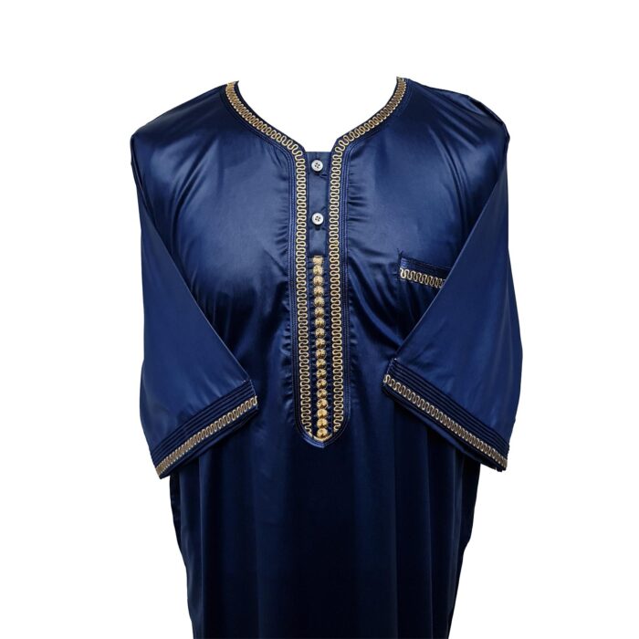 Cstmmdeshlv 002 Men Moroccan Shiny Polyester Blend Navy Blue Short Sleeves Thobe Jubba Kandora (2)