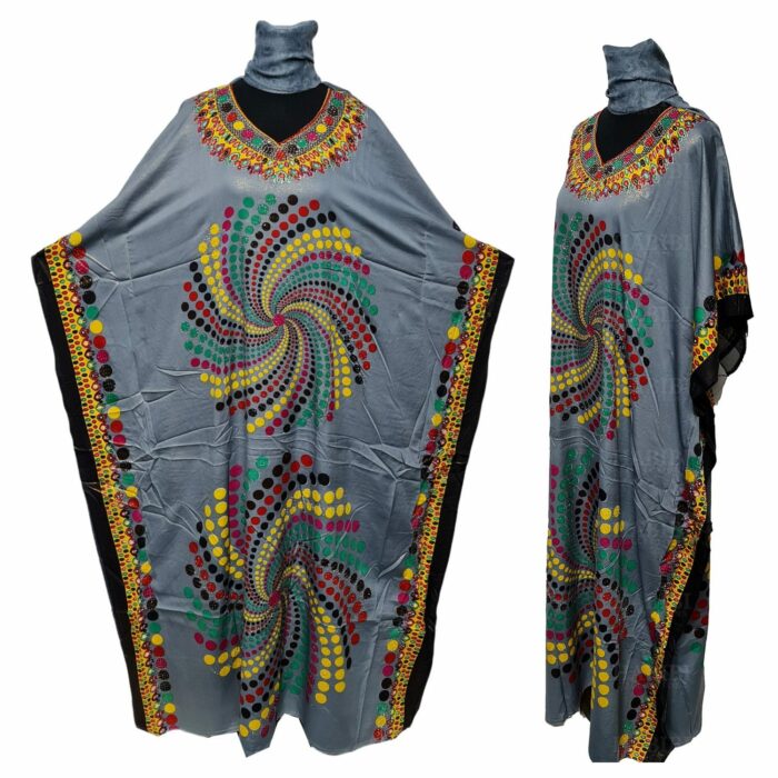 D.no.182 001 Grey Loose Fit Kaftan Tunic Holiday Dress Beach Cover Up Dubai Abaya Free Head Scarf