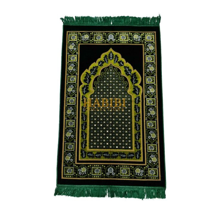 Green Gold Islamic Floral Dotted Pattern Prayer Mat
