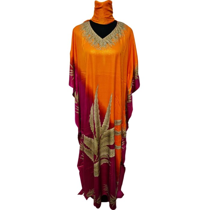 Dn997 Orngpkn Loose Fit Kaftan Tunic Holiday Dress Beach Cover Up Dubai Abaya Free Head Scarf 224546