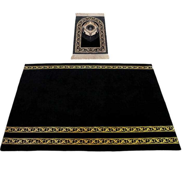 Extra Large Black Gold Kabah High Quality Islamic Prayer Mat Musallah Janamaaz (4 People) Mussala Set Black Stone 110725