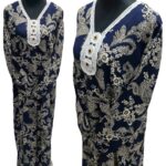 Women's Navy Blue Sequin Kaftan Floral Striped Pattern